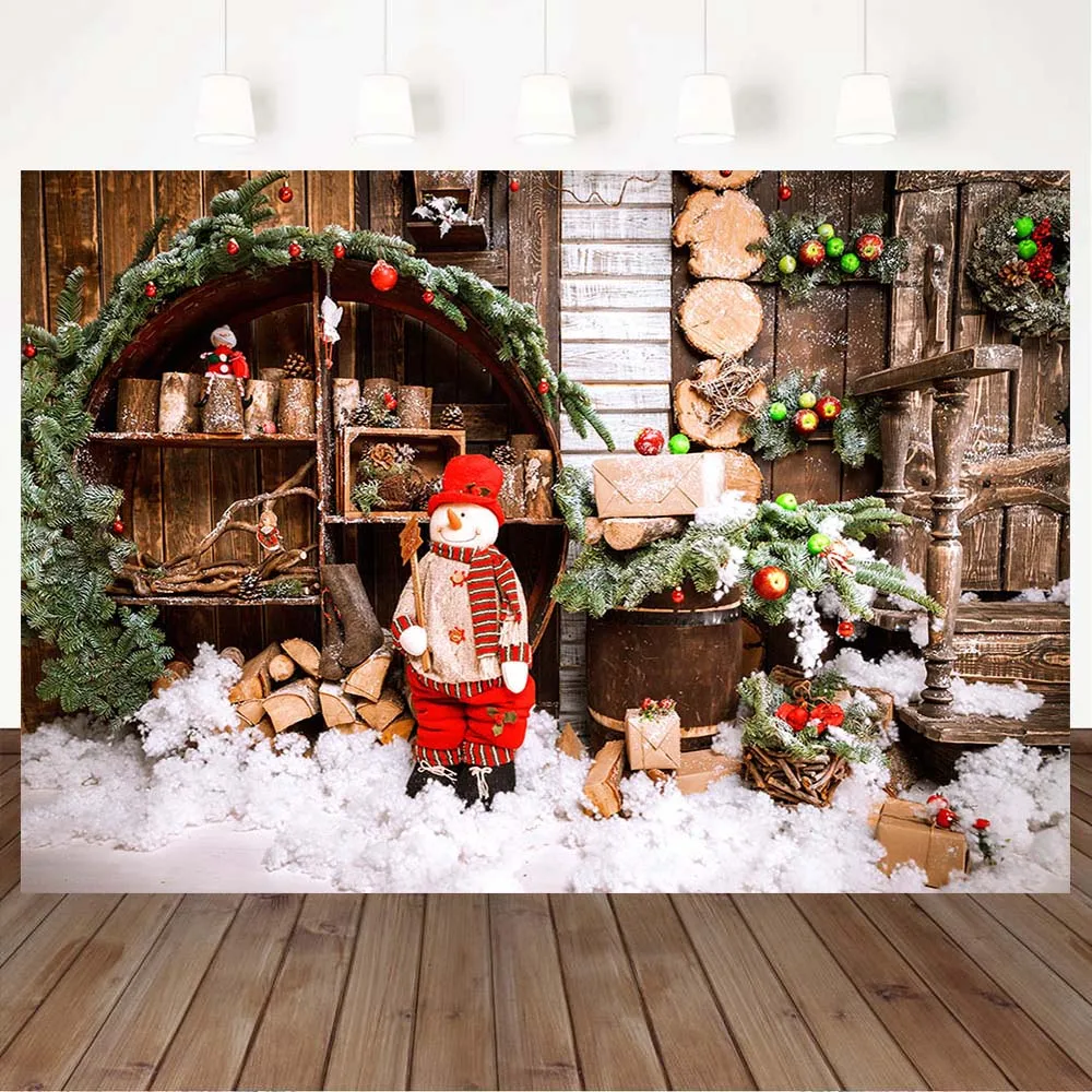 

Mocsicka Christmas Backdrop Wood House Snowman Newborn Portrait Photography Winter Snow Indoor Photo Background for Photo Studio