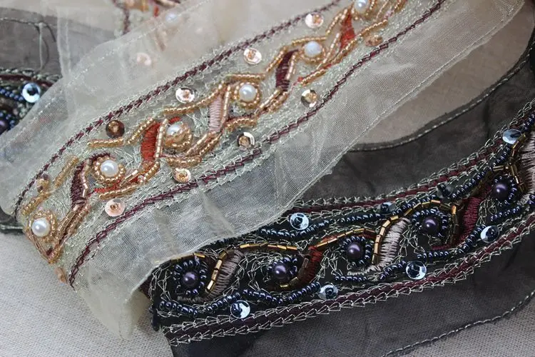 Wide 7CM national style European root yarn beaded lace trim clothing accessories DIY belt headwear Mesh Beaded Lace material