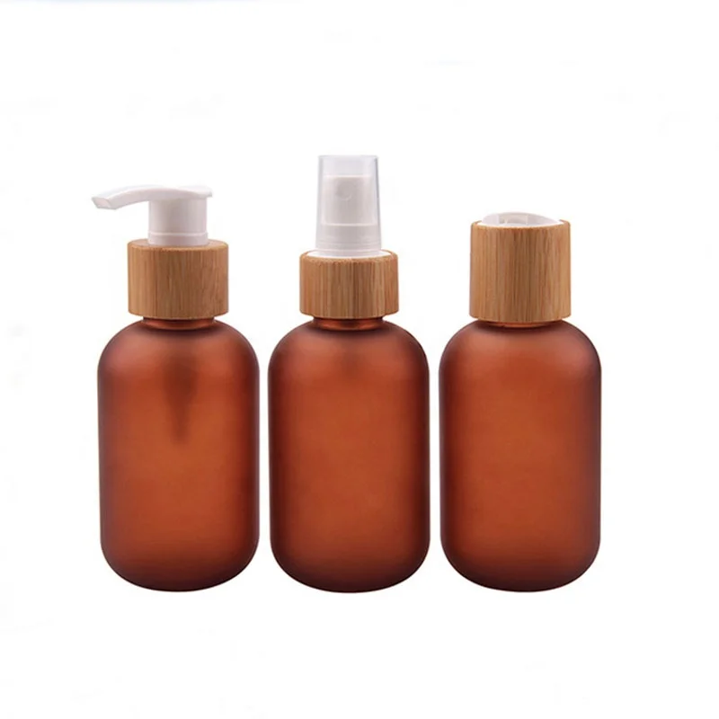 

Lotion Bottle60ml 120ml 250ml 500ml Frosted Amber Plastic PET Bottle with Bamboo Lid Portable Travel PET Lotion Cream Refillab