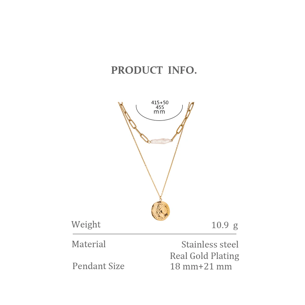 Yhpup New Stainless Steel Chain Layered Necklace Fashion Coin Portrait Necklace for Women Elegant Natural Pearl Jewelry Gift