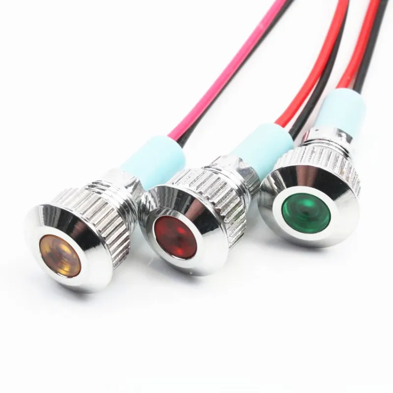 Luz indicadora de Metal LED de cabeza plana, lámpara de señal impermeable de 8mm, 6V, 12V, 24V, 220v, con cable rojo, amarillo, azul, verde y