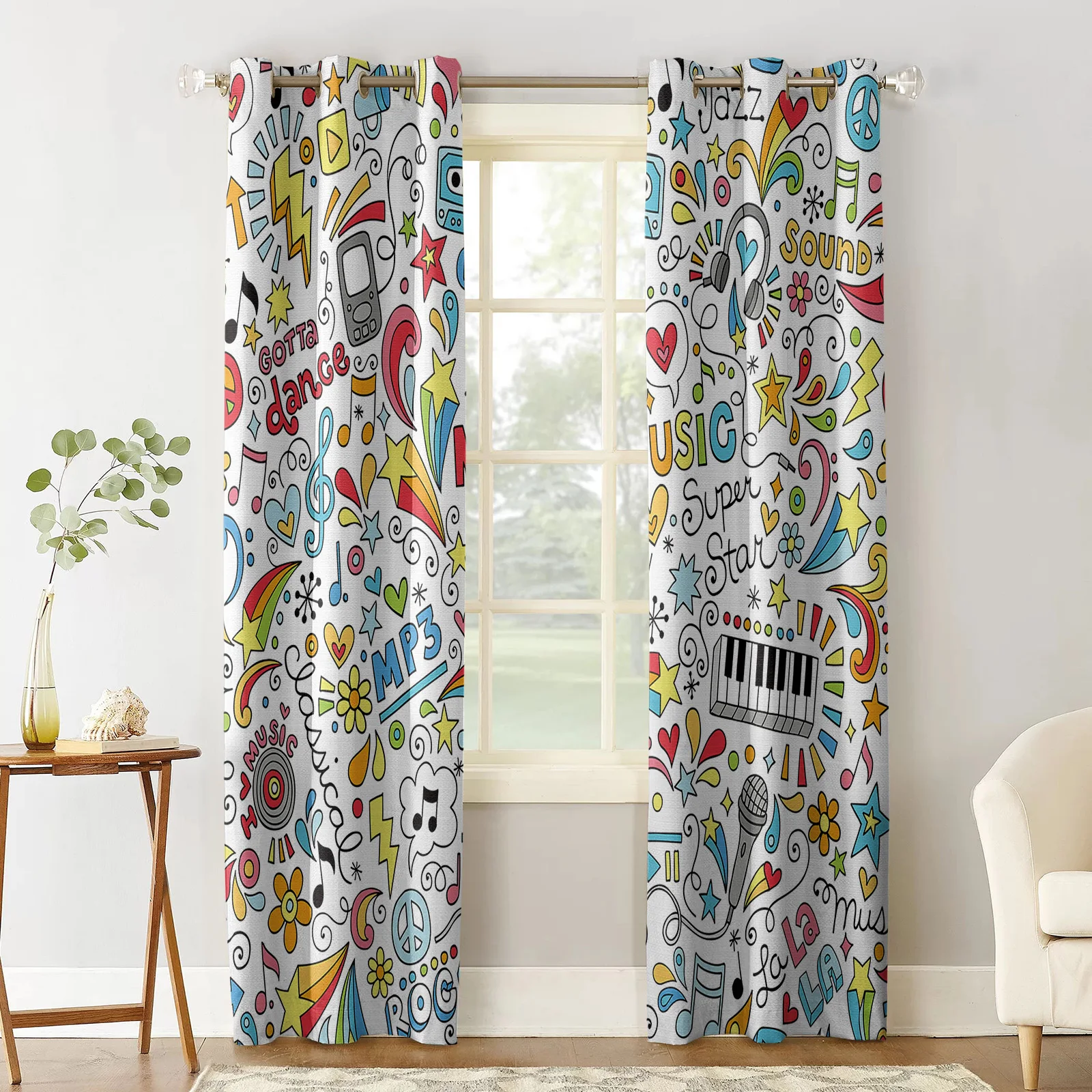 Color Music Doodling Window Interior Curtain Valance Door Room Drape for Kitchen Living Room Bedroom Decoration Curtains