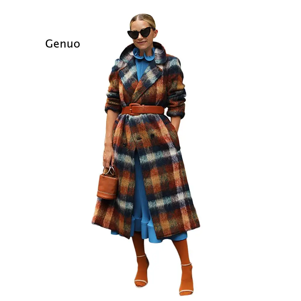 

Women Plaid Woolen Jackets Autumn Winter Turndown Collar Long Jacket 2020 Casual Warm Overcoat Fashion Double Breasted Coats