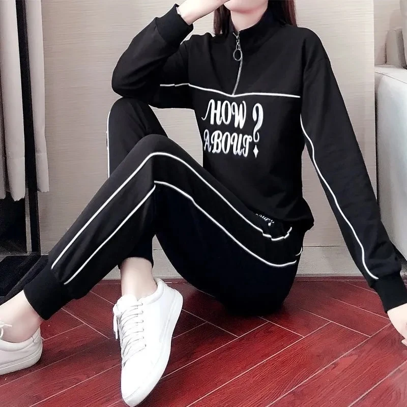 Streetwear Fashion Letter Print Tracksuit Women Casual Pullover Sweatshirt And Sweatpant Suit Hip Pop Black White 2 Piece Set