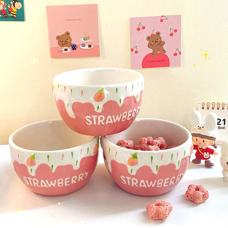 New Cute Sweet Strawberry Ceramic Bowl Girls Ice Cream Dessert Bowl Fruit Salad Breakfast Milk Cereal Rice Bowls Tableware