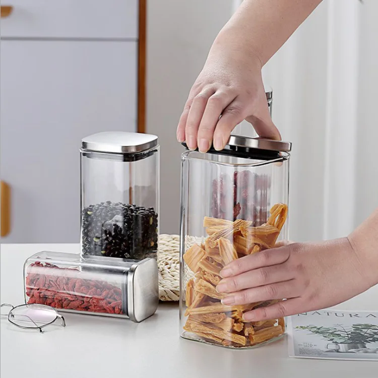 Sealed Glass Jars With Lids For Coffee Storage Can Square Candy Biscuits Pot Kitchen Glass Mason Jar Food Container Bulk Cereals