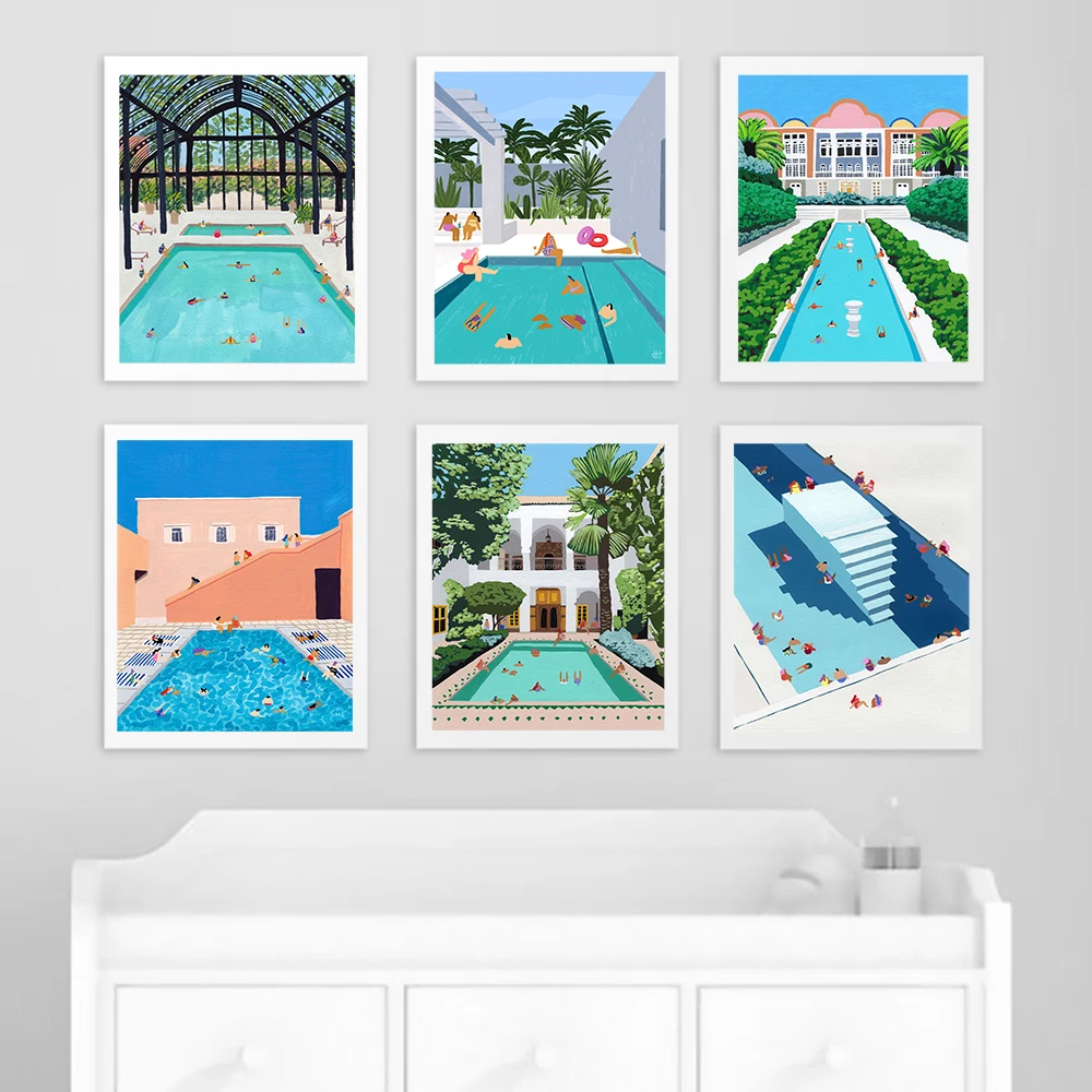 Nordic Abstract Swimming Pool Cartoon Wall Art Prints Picture Vacation Oasis Pool Canvas Painting Poster Living Room Home Decor