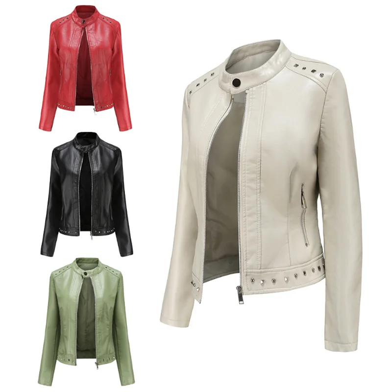 Fashion New 2021 Short PU Leather Jacket Women Rivet Spring Autumn Women's Coat Long Sleeve Slim Casual Jacket Stand Collar