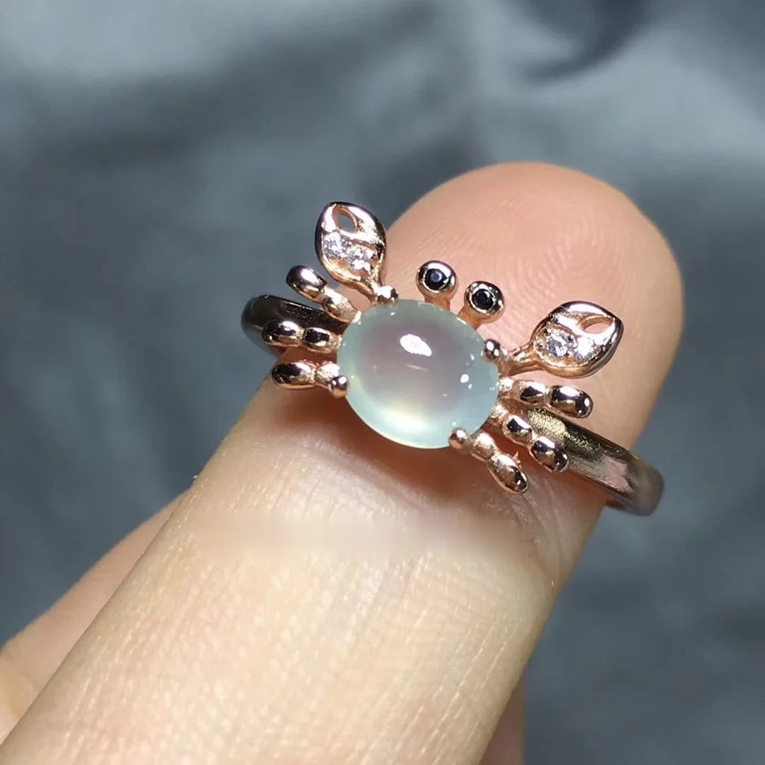 Original new natural ice seed chalcedony Egg ball crab opening adjustable ring diamond noble charm female silver jewelry