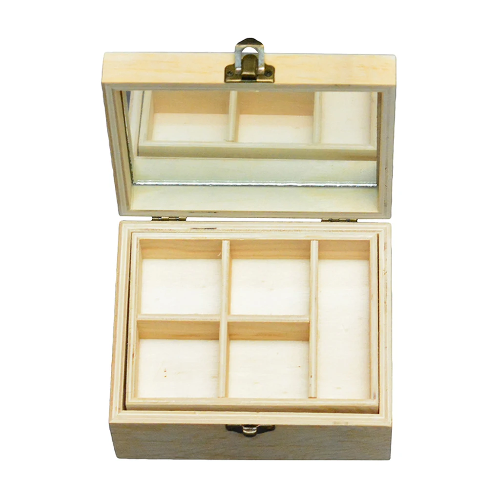 Natural Plain Double Layer Wooden Storage Box Portable Large Capacity Jewelry Organizer Decoupage Display Case with Mirror Tray