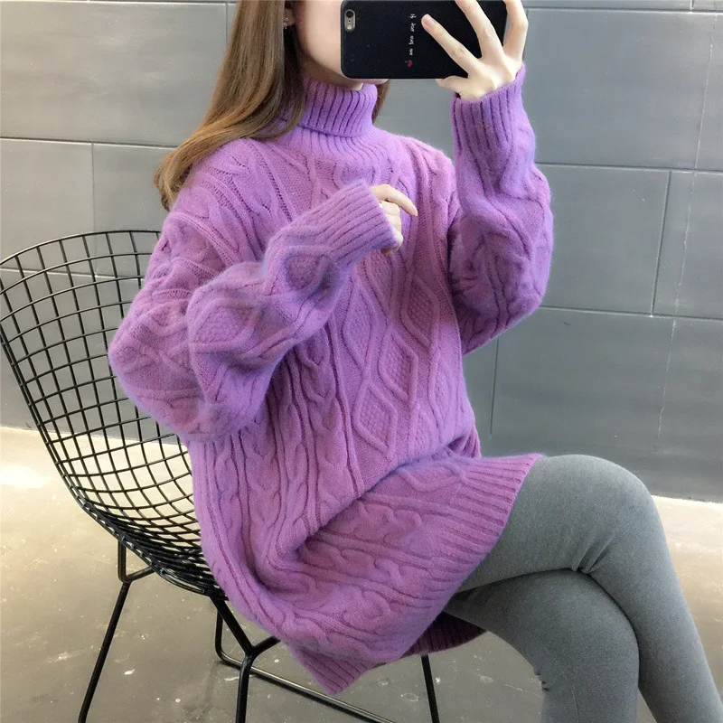 Turtleneck Loose Lazy Wind Long Sweater Women Long Sleeve Striped Jacquard Straight Knitted Sweater Women Female Spring Autumn