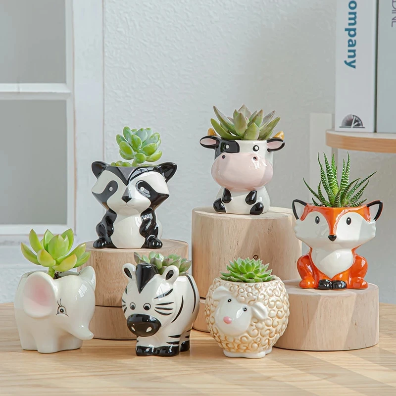 

Nordic New Style Ceramic Animal Flower Pot Cartoon Zebra Sheep Cow Head Mini Pot Succulents Plants Bonsai Pots Home Decoration