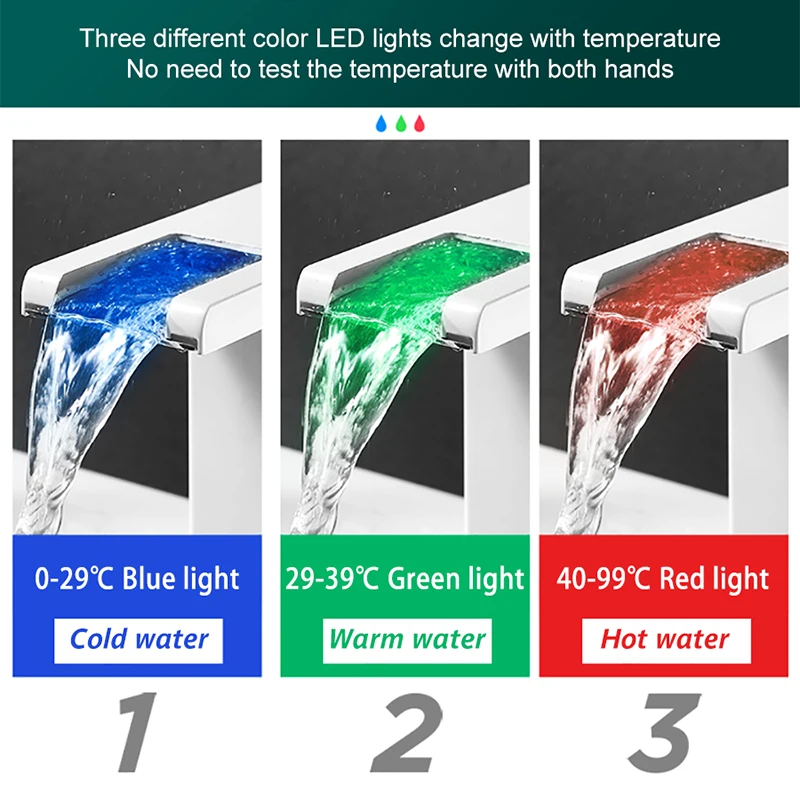 LED Basin Faucet Bathroom Faucet Waterfall Sink Tap Brass Vanity Faucet Bath Mixer with 3 Colors Temperature Sensor Water Tap