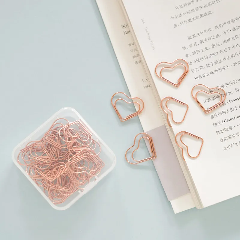 TUTU Kawaii Love Heart 25Pcs/BOX Metal Material rose gold Paper Clip for Book Stationery School Office Supplies stationery H0382