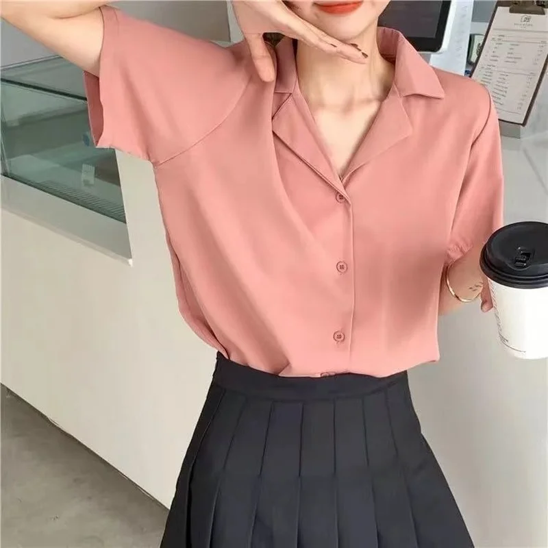 11 Colors Shirts Women Colorful Simple Notched Sweet Girls Korean Tops Leisure Short Sleeve Student All-match Version Female Ins