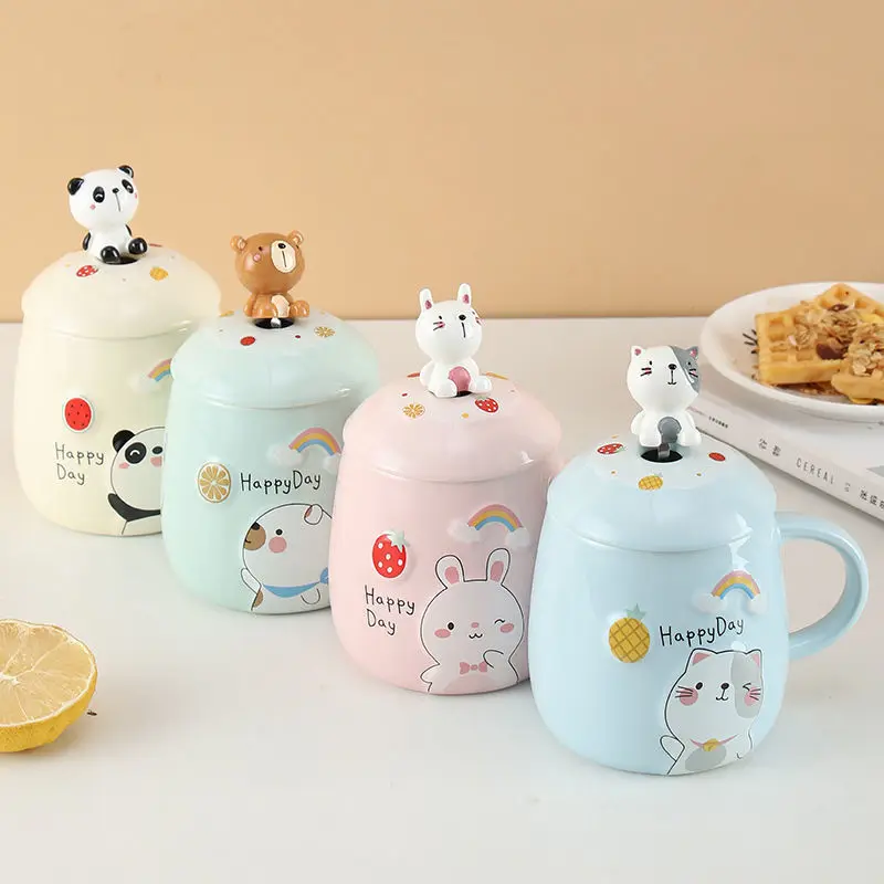 Panda Bunny Spoons Coffee Cups with Lids Water Bottle Female Student Korean Version Cute Mugs Breakfast Drinkware Porcelain