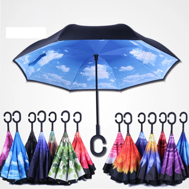 

C Handle Windproof Reverse Folding Umbrella Man Women Sun Rain Car Inverted Umbrellas Double Layer Anti UV Self Stand Parapluie