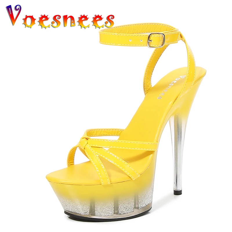 Voeseees Brand Women Sexy Shoes Gladiator Platform Clear Heel Thin Heels Ankle Strap Sandals Bling Fashion Sexy Girls Shoe Show