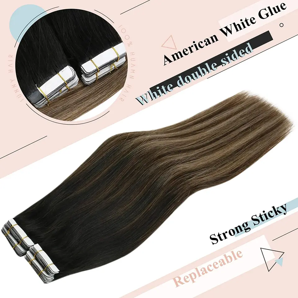 VeSunny Tape en Extensiones de Cabello Humano Seamless Skin Weft Extensiones de Cabello Doble Cara Balayage Color de Cabello Adhesivo Sedoso 3