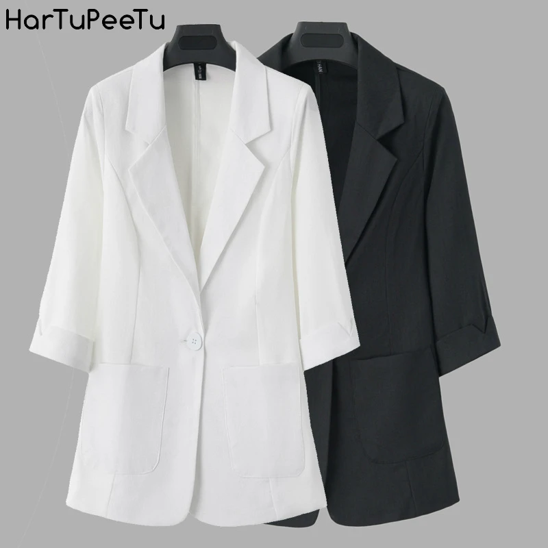 Womens Casual Sommer Blazer 2022 Lose Fit Damen Büro Tragen Leinen Dünne Anzug Stoff Strickjacke Jacke 3/4 Hülse Mode Mantel