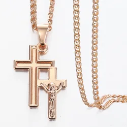 585 Rose Gold Color Cross Pendant Necklace for Men Women Religion Series Crucifix Crystal Prayer Jesus Necklace Chain LGPM26