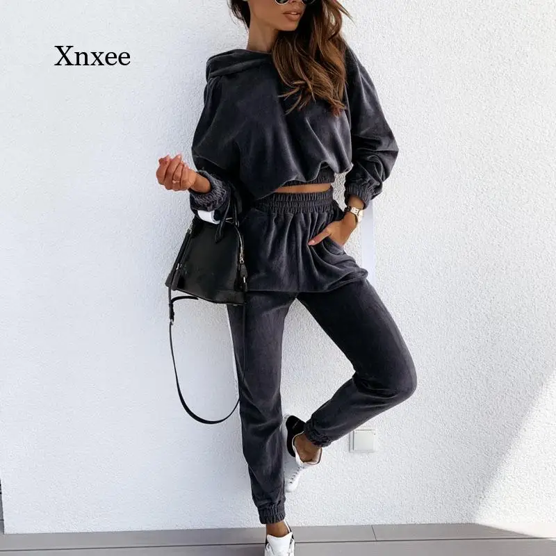 

Fall/winter Women's 2-Piece Hoodie Casual Short Top Sweatshirt + Solid Color Pants Hooded Long Sleeve Hoodie Women