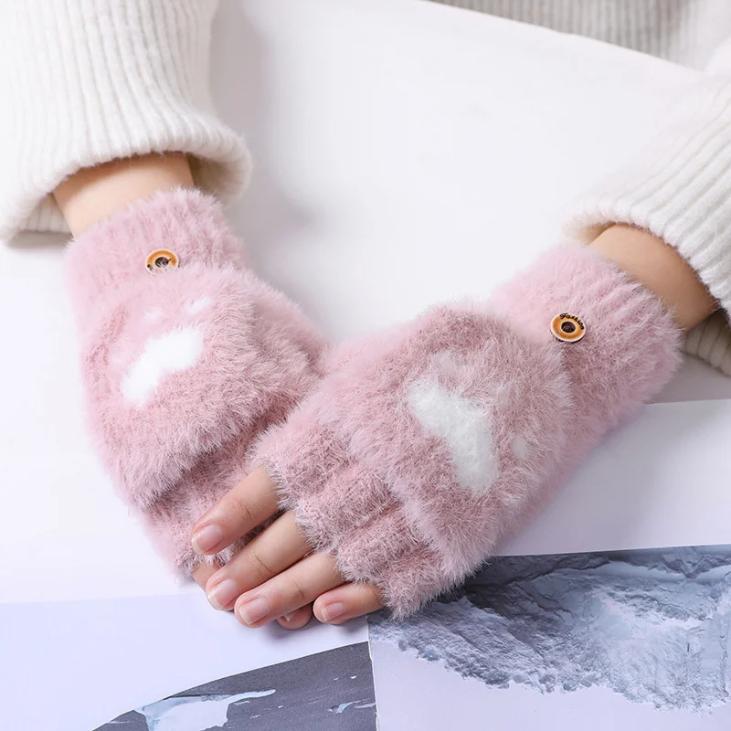 

Cute Cat Claw Winter Warm Touchscreen Gloves for Men Women Fluff Fingerless Gloves Outdoor Knitted Flip cover Gloves 1 Pair