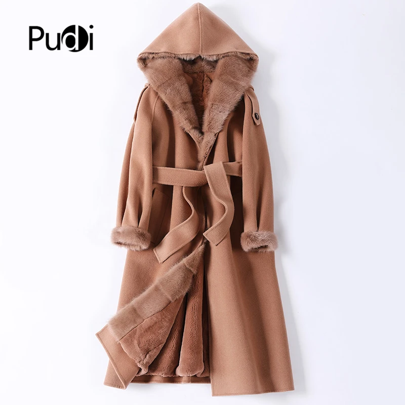 

Pudi Women Winter Real Mink Fur Coat Jacket 2021 Ins Hot Lady Female Wool Blends Rabbit Liner Hood Coats Parka Trench Z20181