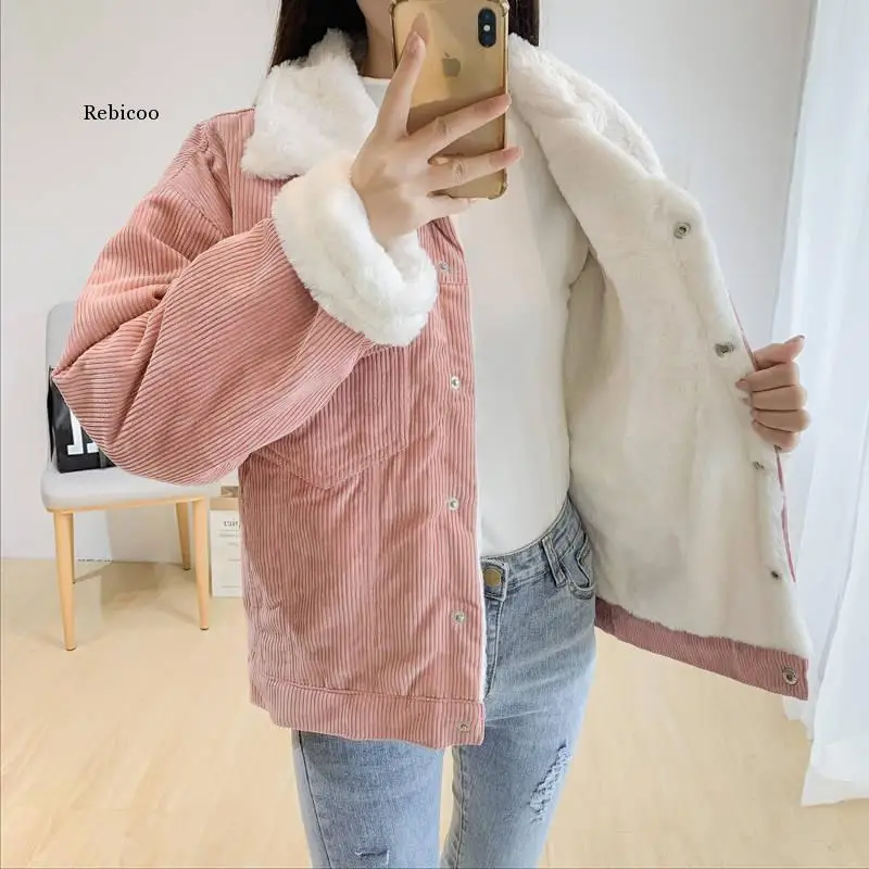 Autumn Winter Corduroy Basic Jeans Jacket Warm Lambswool Bomber Jacket Women Long Sleeve Jacket Casual Denim Jacket 2021 New