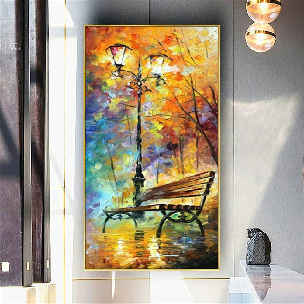 Hand-Painted Autumn Landscape Palette Knife Oil Painting Night Street Lamp Light Abstract Canvas Picture Gold Bright Wall Ar