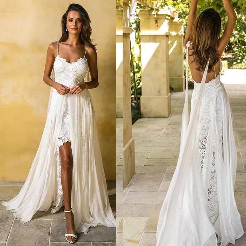 Böhmen Strand Spitze Brautkleider Sexy Spaghetti A-linie Brautkleid Brautkleid Weiß Chiffon Backless Hochzeit Kleid Robe de mariee