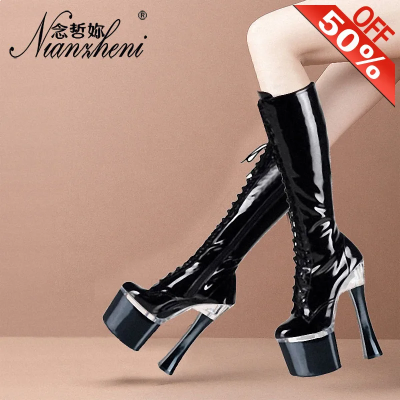 

Fashion 18cm High heeled shoes Zipper Patent leather Spool heels 7 inches Nightclub Pole dancing Thigh high boots Big Size Super