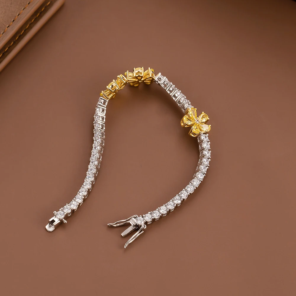 Solid Silver 15-18CM Tennis Bracelet 2 Tone White/Yellow Flower Jewelry Gift Pave Setting 3mm Zircon Real 925 Fine Jewellery