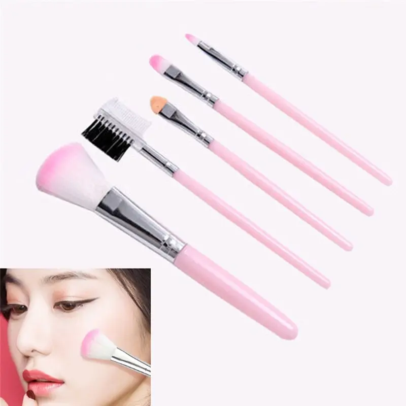 5pcs Pink Kids Make Up Blush Cute Handle Makeup Brushes Set Eyeshadow Lip Eyebrow Eyelashes Kit