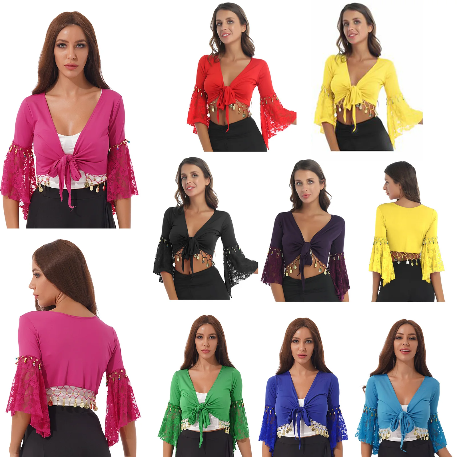 Fantasia de Dança do Ventre feminina com renda, mangas de três quartos, miçangas borla, xale com renda, tops, roupas para performance de palco