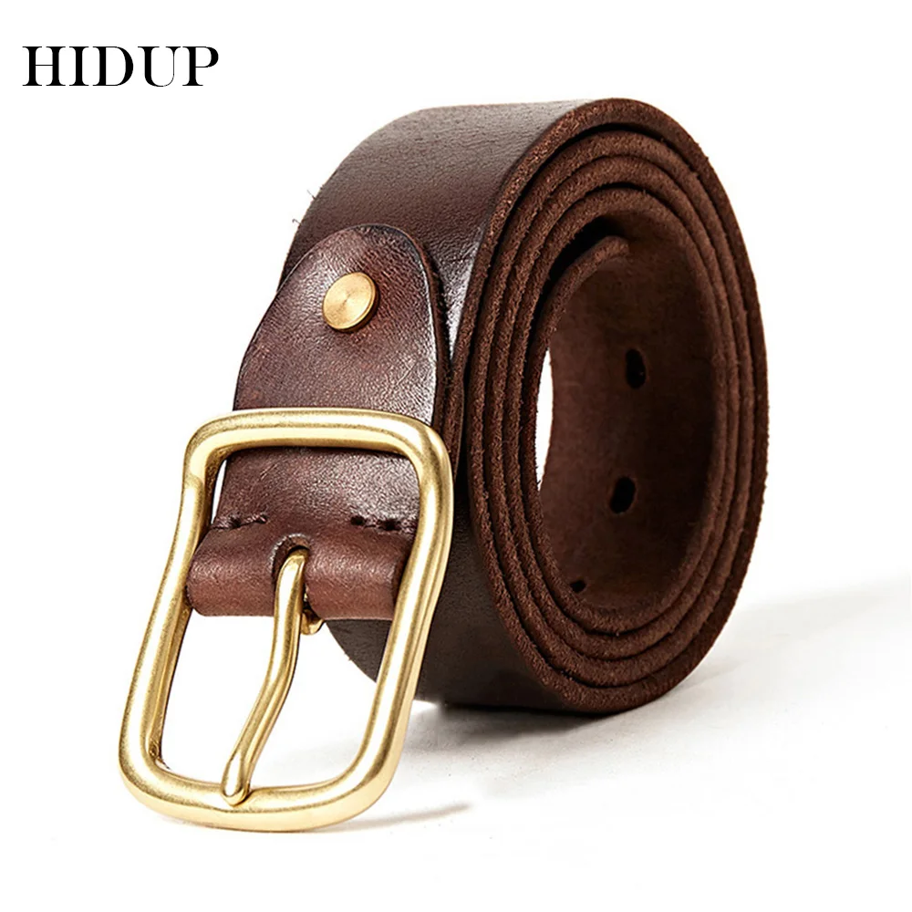 

HIDUP Men's Design Top Quality Solid Cowhide Leather Belt Brass Needle Buckles Metal Cow Belts for Men Jeans Accessories NWJ855