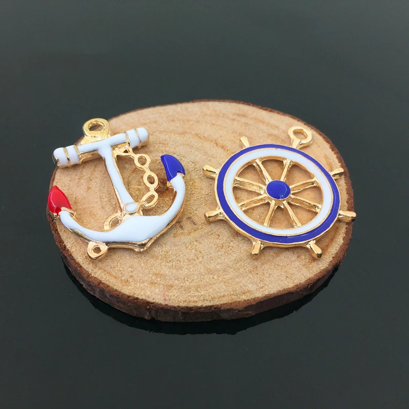 10Pcs Drop Oil Alloy Anchor Rudder Pendants Enamel Charms For Diy Jewelry Findings Accessory Making Earrings Gold Color Floating