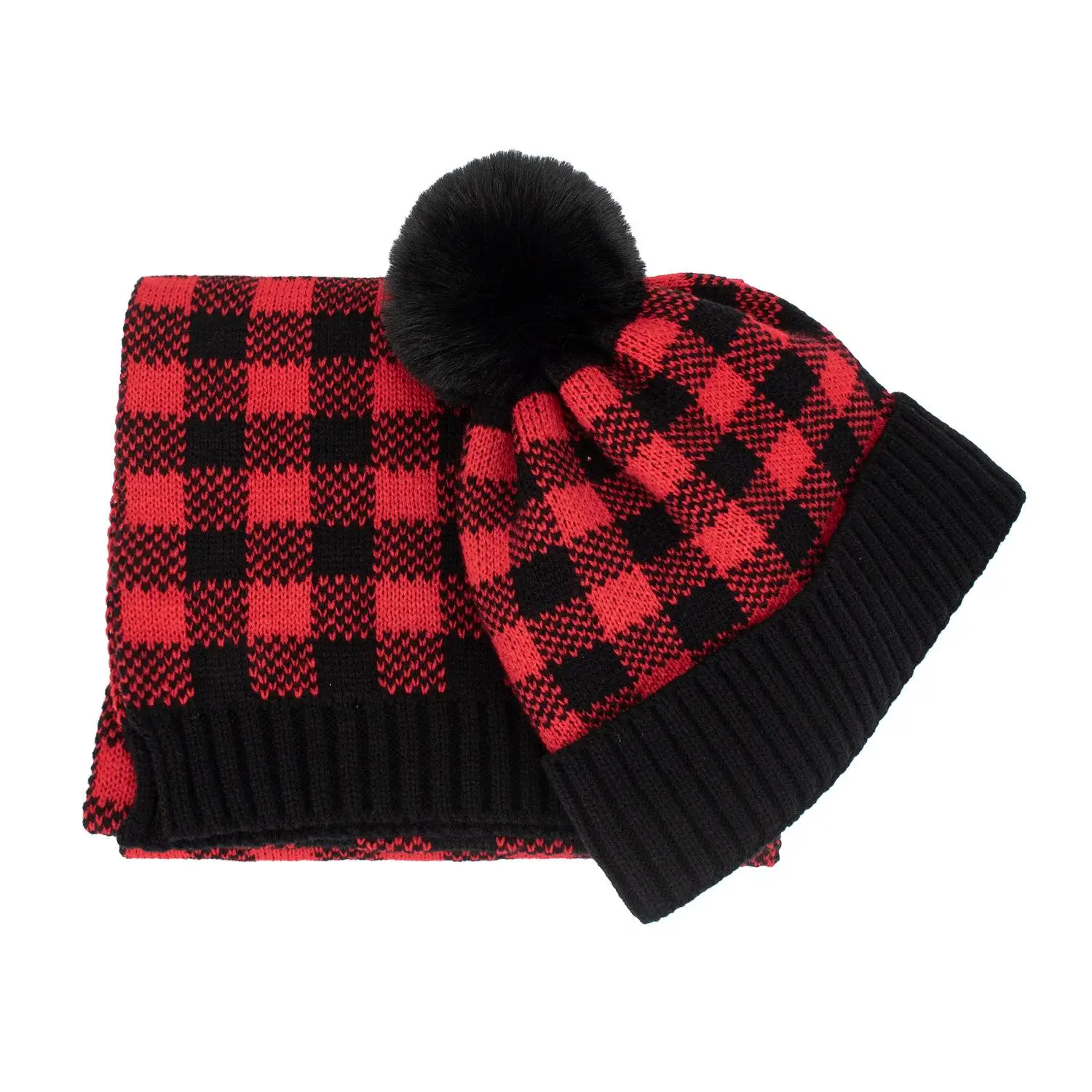 Winter Hat Scarf Set Gorras Hombre Fashion Red Black Grid Pompon Thick Warm Knit Cap Beanie Hats Scarves Shawl Gorras Para Mujer