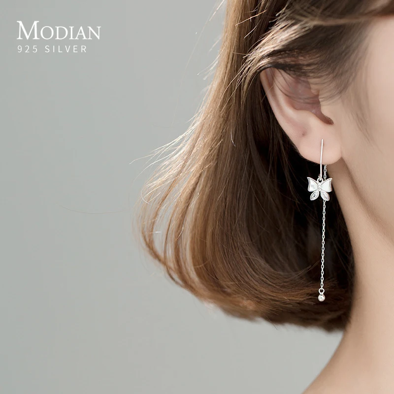 Modian New 925 Sterling Silver Clear CZ Sweet Exquisite Dancing Butterfly Beads Ball Tassel Drop Earring for Women Fine Jewelry