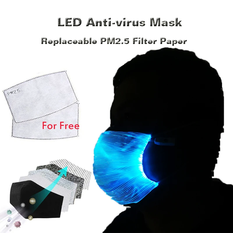 LED PM2.5 Anti-Dust Anti-fog Mask Replaceable Filter paper Activated Carbon Filter Windproof Mouth-muffle Face Party Mask