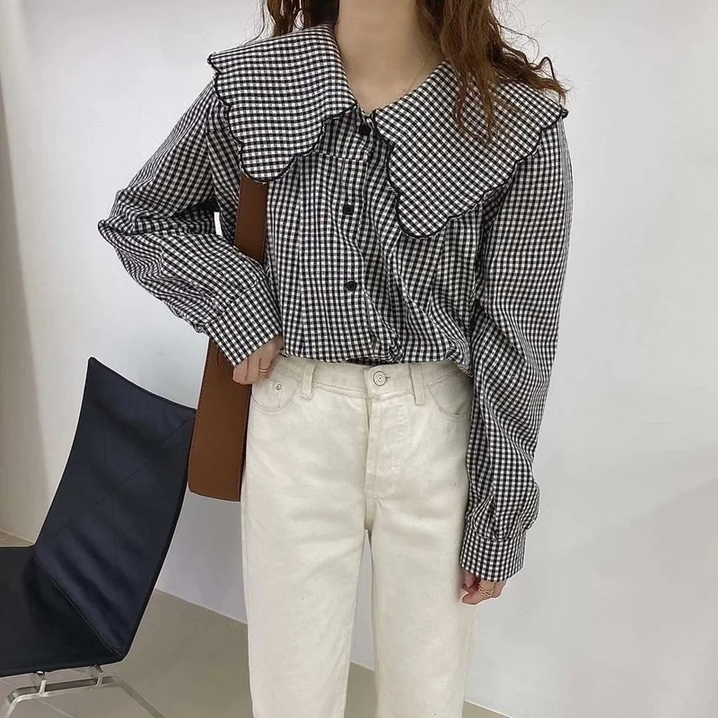 Spring Shirt Womens Lovely Elegant Soft Student Simple Plaid All-match Chic Tops Peter-pan-collar Fashion Vintage New Clothing