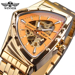 Vincitore uomo scheletro orologio militare automatico triangolo d'oro di lusso orologi meccanici cinturino in acciaio inossidabile trasparente Clcok maschile