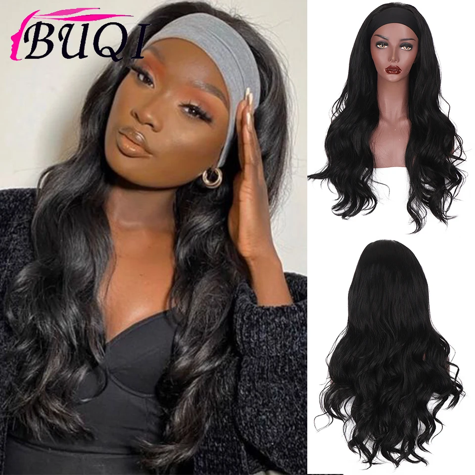 BUQI Long Wavy Headband Wig Synthetic Hair Black Heat Resistant Headwraps Wigs for Women Daily Wig With Headband