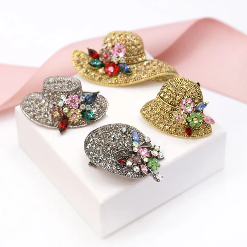 Vintage Fashion Antique Gold Color Rhinestone Hat Brooches for Women Wedding Corsage Accessories Pins High Quality