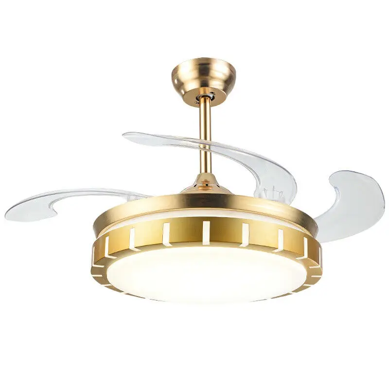 Gold 42" Ceiling Fans 3-Color LED Light Chandelier Lamp with Remote Control Invisible Acrylic Fan Blades Retractable Chandelier