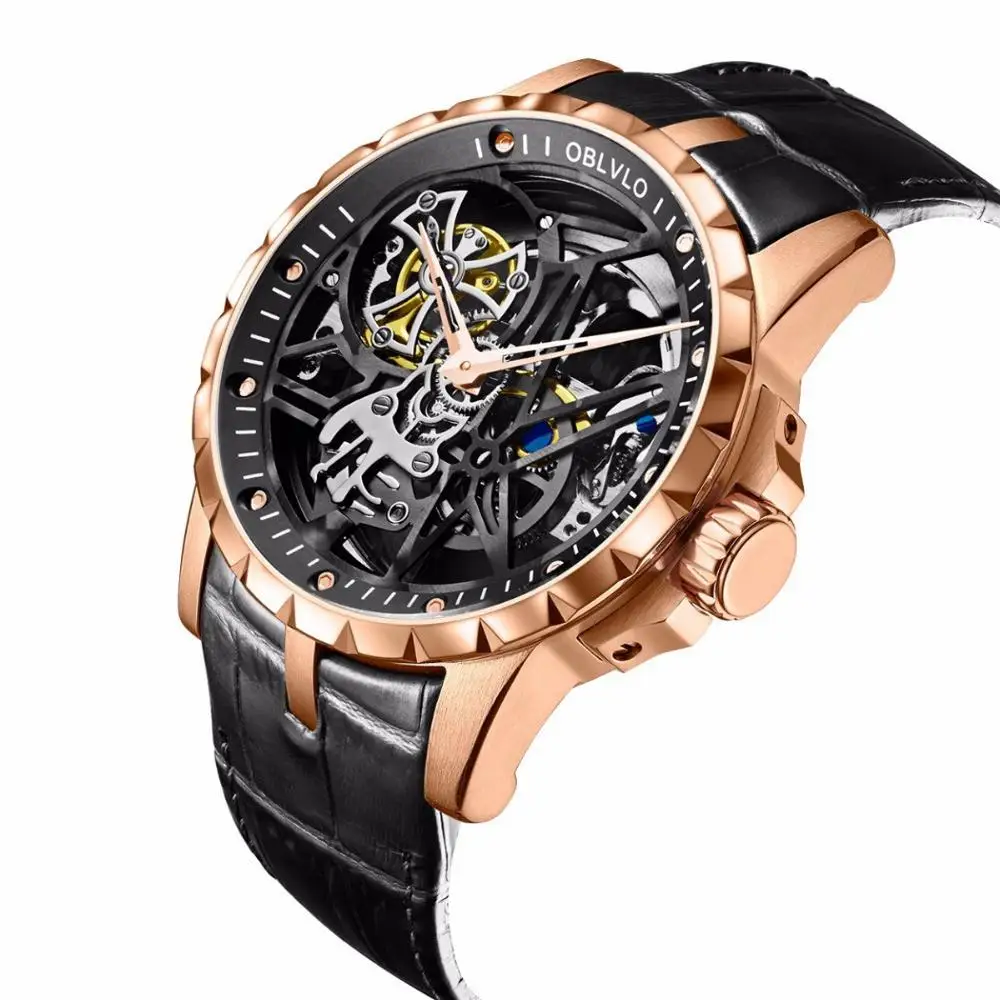 orologio da uomo, orologi automatici da uomo OBLVLO uomo orologio da polso meccanico di lusso impermeabile scheletro relogio cinturino in pelle moda punk