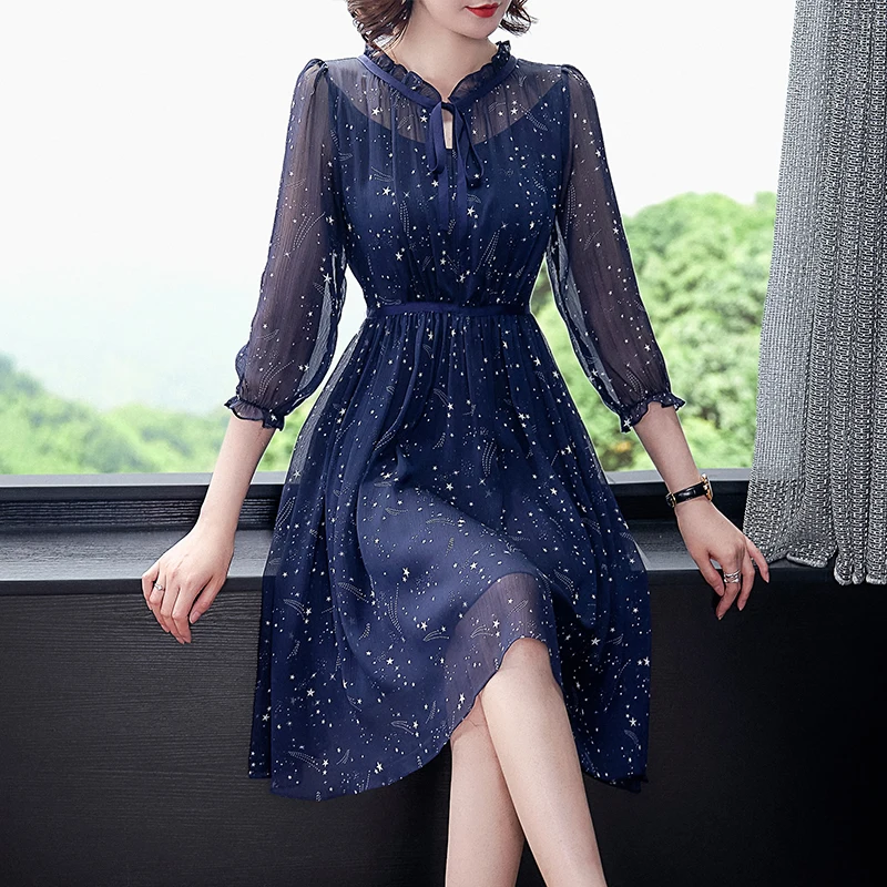 LUKAXSIKAX 2023 New Spring Summer Women Elegant Slim Dress Korean Fashion Starry Sky Floral Navy Blue Chiffon Dress