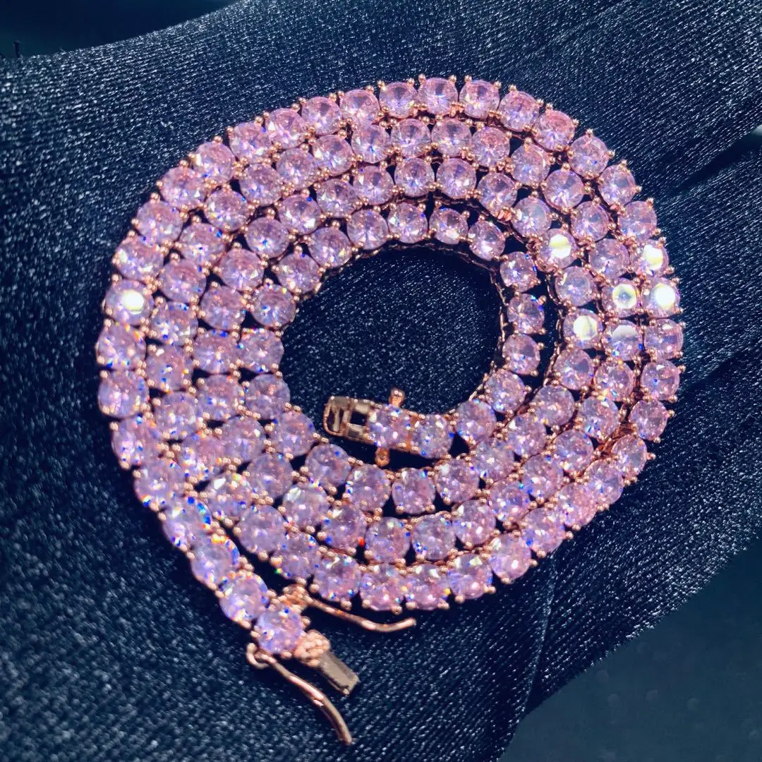 

2021 Trendy Cz Tennis Chain 4mm Pink Blue Cubic Zirconia Bling Bling Full Iced Out Necklace Fashion Rock HipHop Jewelry