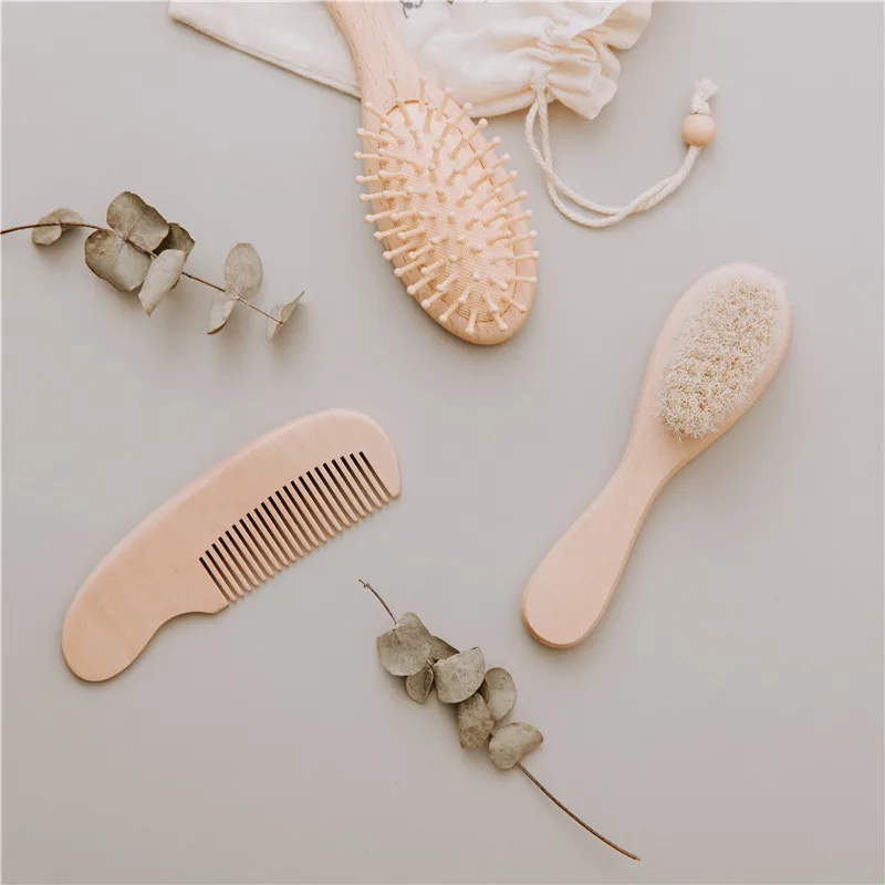 Brosse en bois sans BPA pour bébé, soins pour bébé, laine naturelle pure, brosse à cheveux pour nouveau-né, masseur de tête