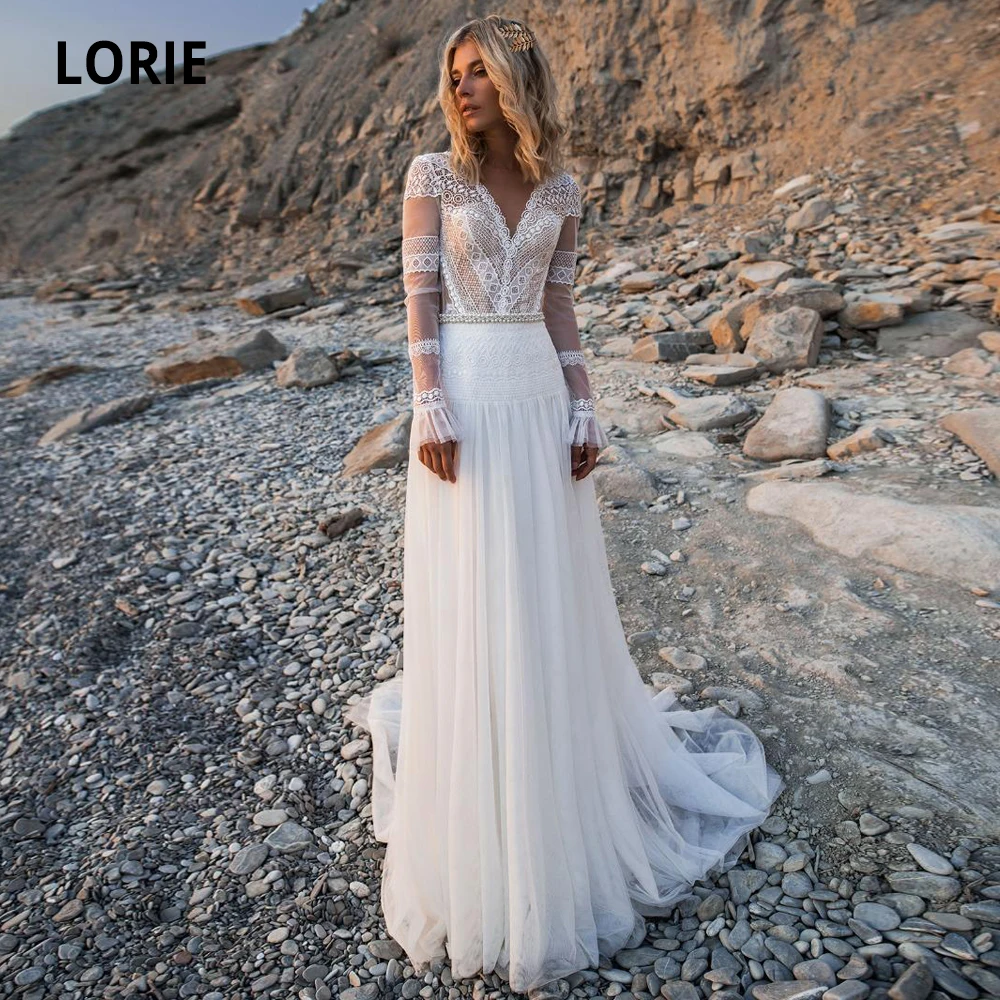 LORIE Beach Bohemian Wedding Dresses V Neck Long Sleeves Lace Appliques Dream Bridal Gowns Boho A Line Princess Gowns Plus Size